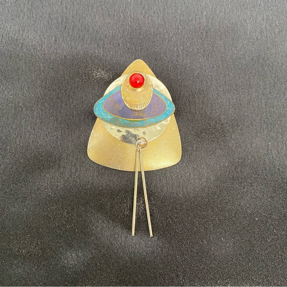 Gold, Silver, Copper Colored Pin with Red Stone Eye & Two Silver Color Dangles